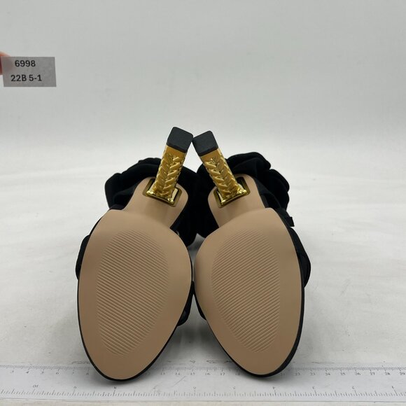 FSJ Black Flower Gold Metal Chain Chunky High Heels Ankle Strap Sandals Open Toe - Picture 7 of 8